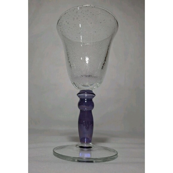 Vintage Pottery Barn Handblown Wine Glass Goblets Bubble Effect Purple Blue Stem - Picture 3 of 10